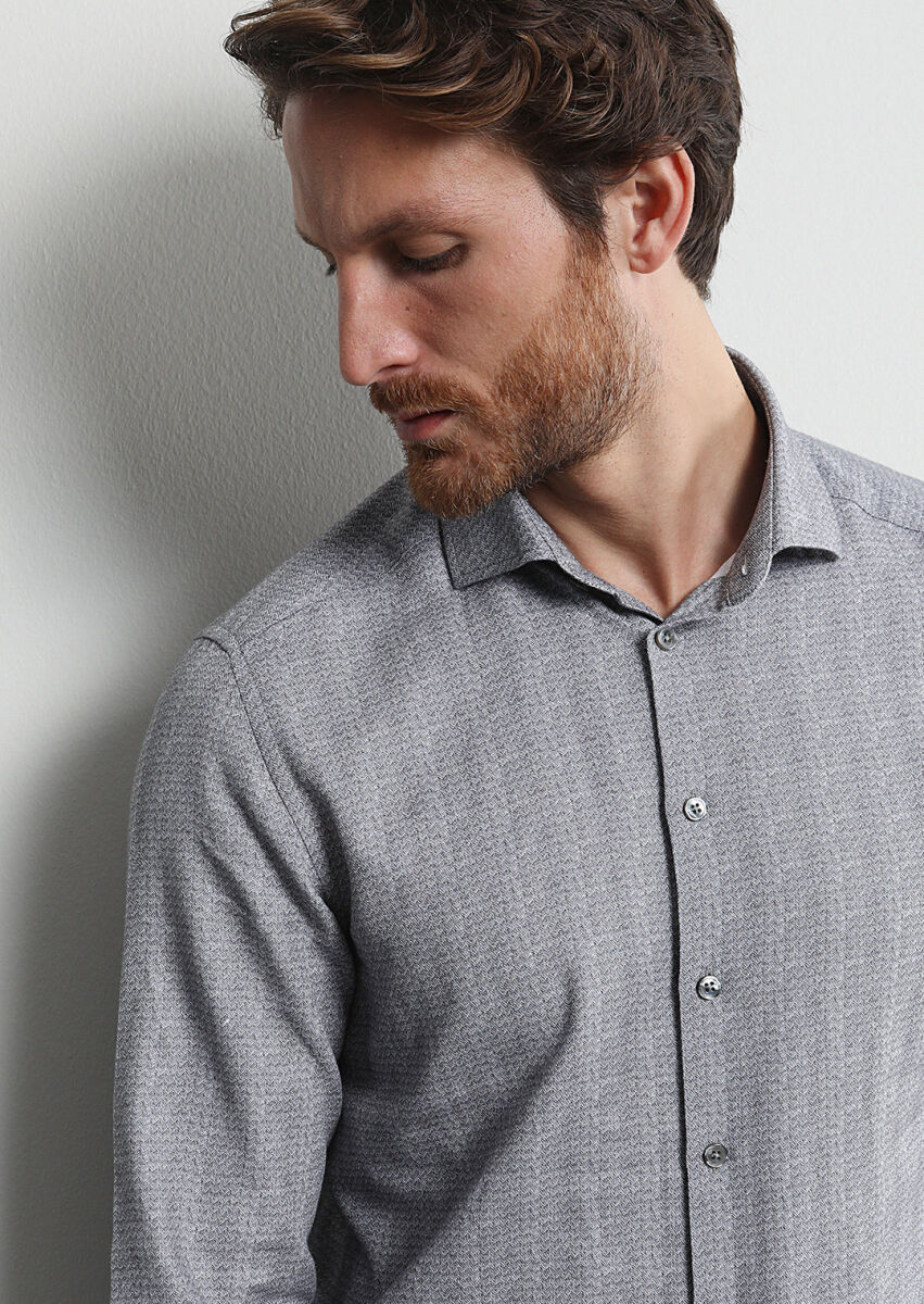 Antrasit Baskılı Slim Fit Uzun Dokuma Casual %100 Pamuk Gömlek - 2