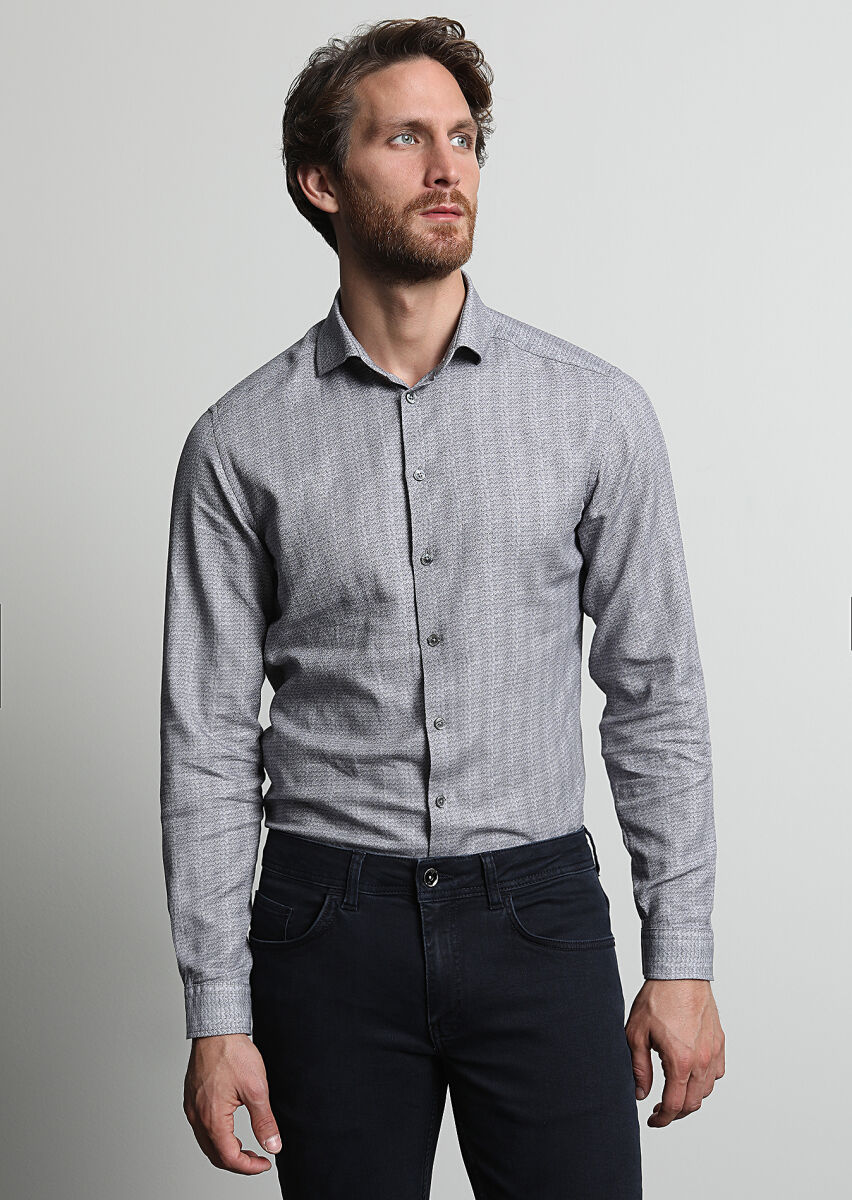 Antrasit Baskılı Slim Fit Uzun Dokuma Casual %100 Pamuk Gömlek - 3