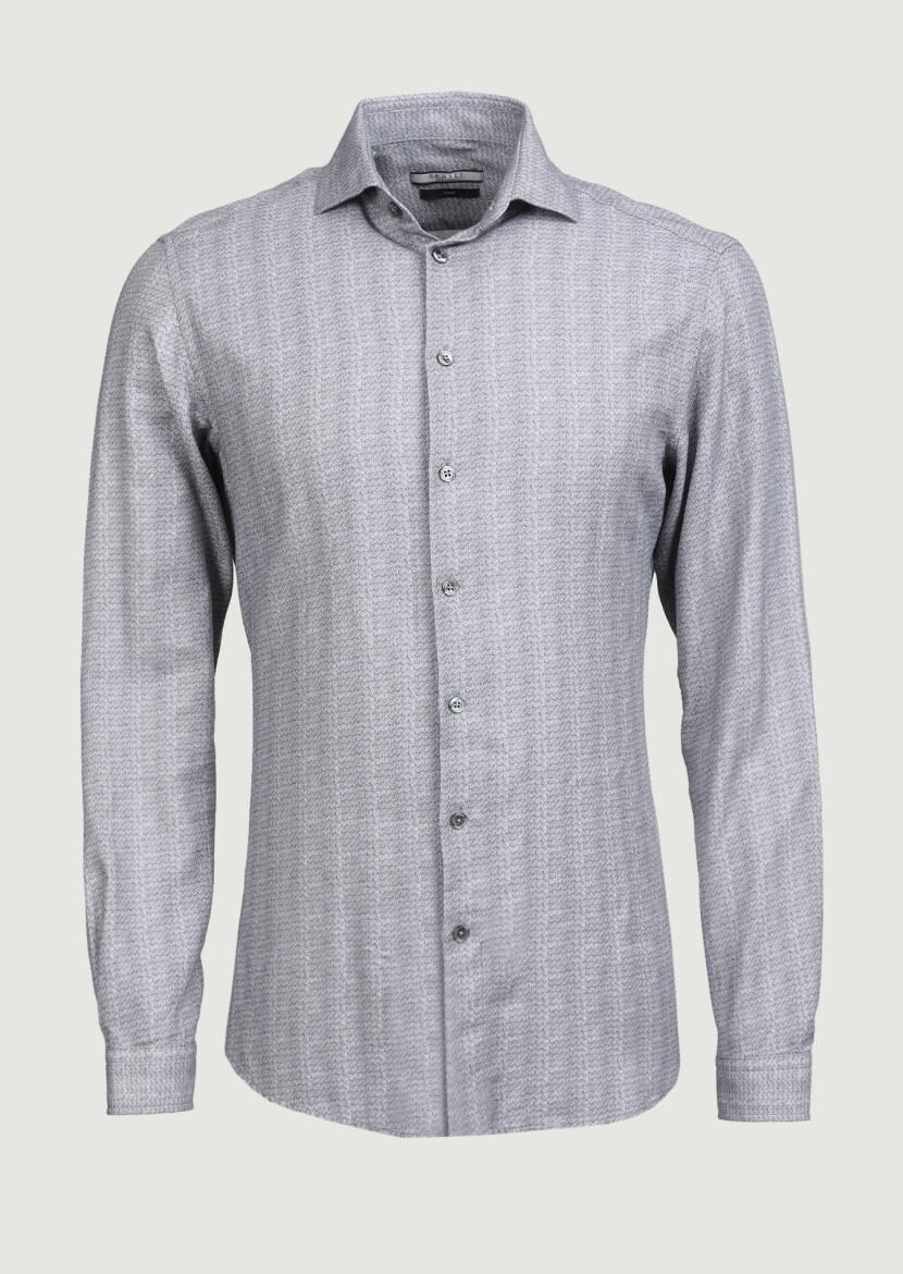 Antrasit Baskılı Slim Fit Uzun Dokuma Casual %100 Pamuk Gömlek - 5