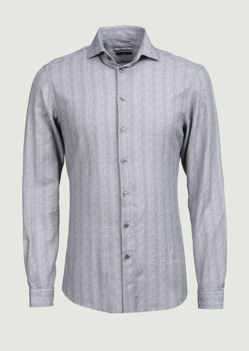 Antrasit Baskılı Slim Fit Uzun Dokuma Casual %100 Pamuk Gömlek - 5