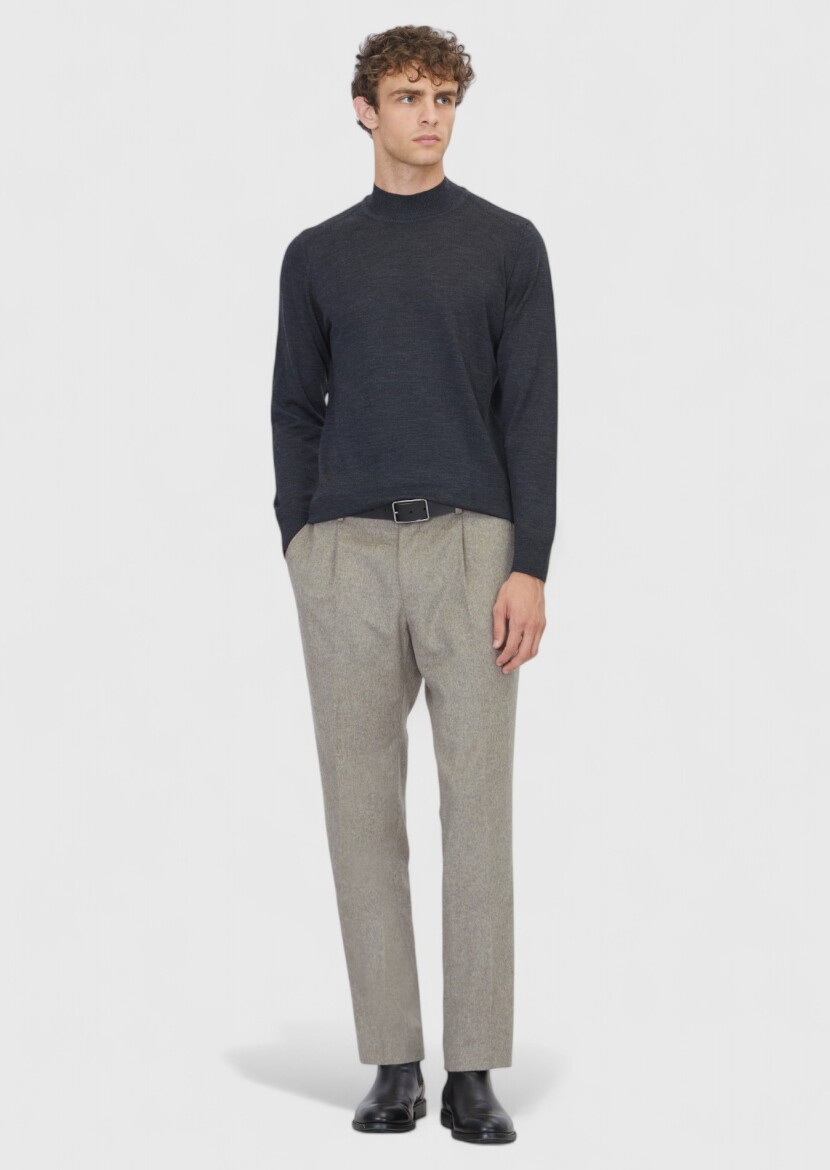 Antrasit Bato Yaka Düz Örgü Yün Karışımlı Triko Kazak 