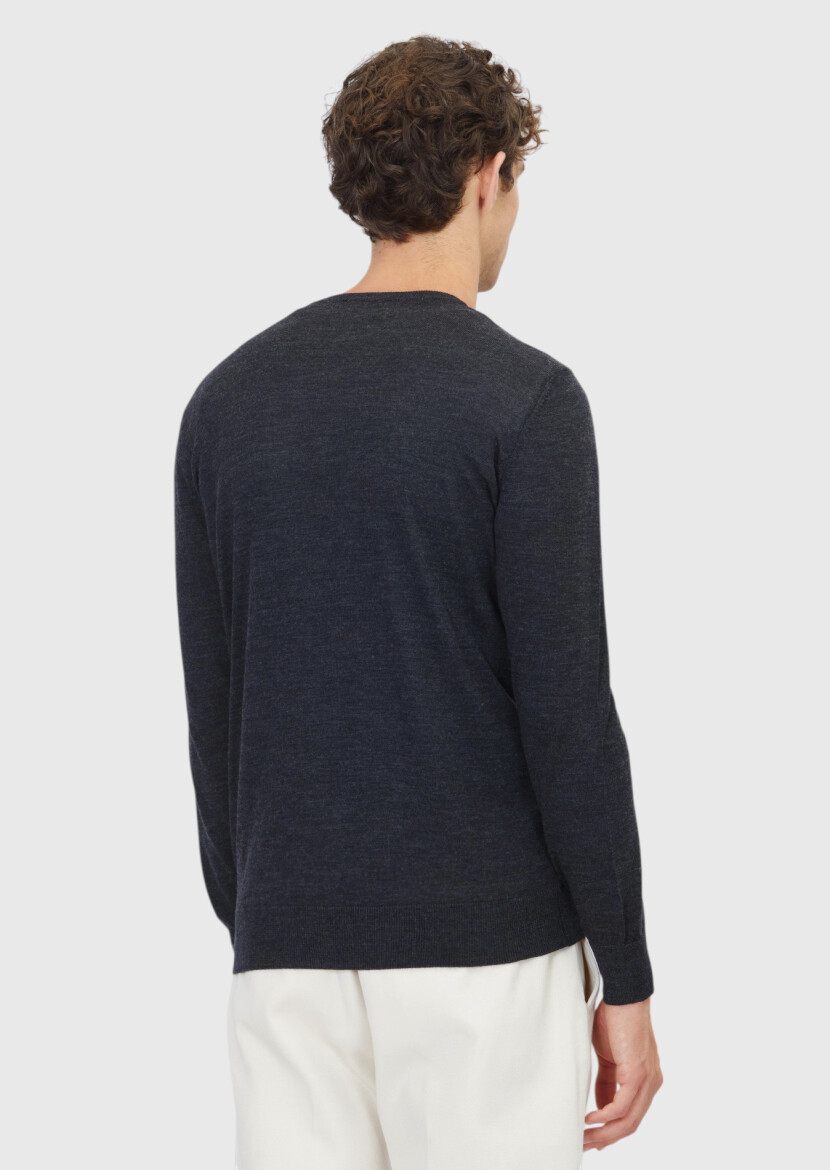 Antrasit Bisiklet Yaka Düz Örgü Yün Karışımlı Triko Kazak - 5