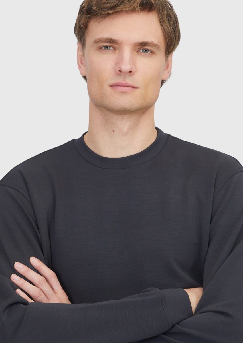 Antrasit Bisiklet Yaka Düz Sweatshırt - 4