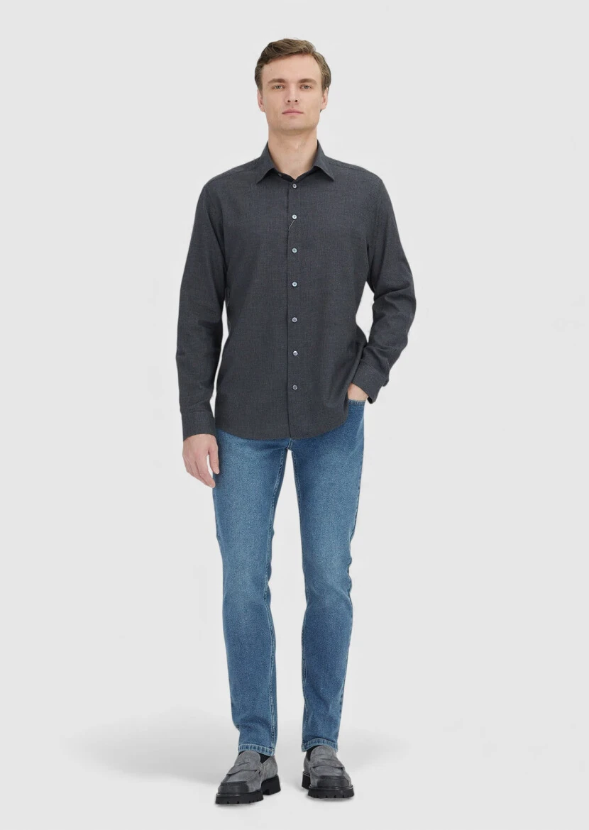 Antrasit Casual Fit Dokuma Casual %100 Pamuk Gömlek - 3