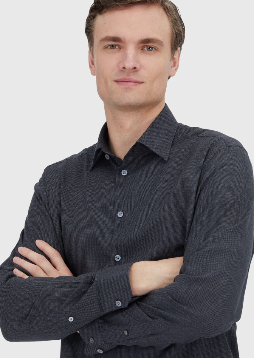 Antrasit Casual Fit Uzun Dokuma Casual %100 Pamuk Gömlek - 1