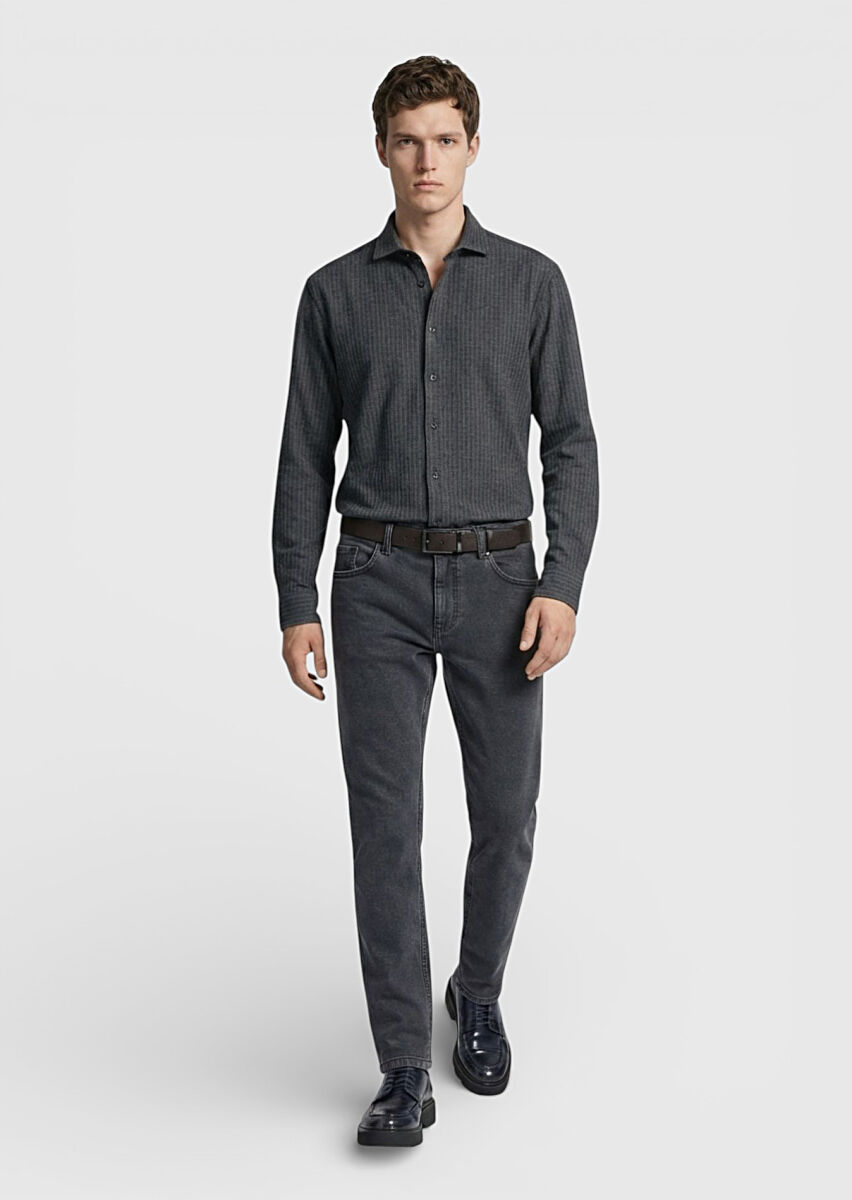 Antrasit Çizgili Casual Fit Dokuma Casual %100 Pamuk Gömlek - 2