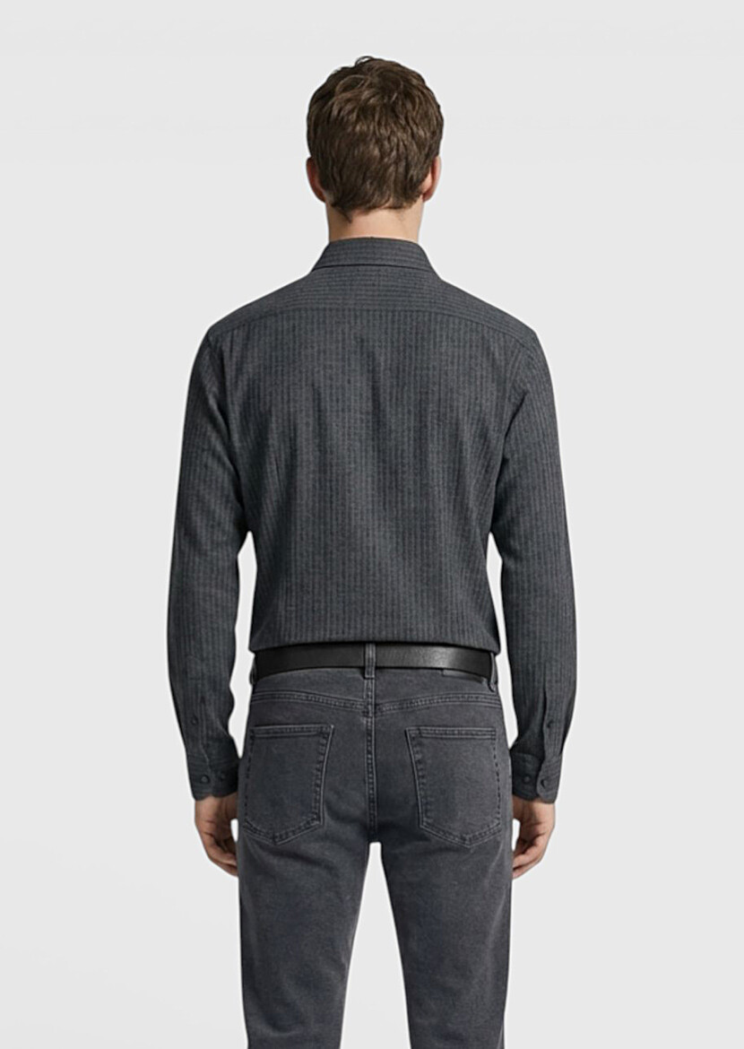 Antrasit Çizgili Casual Fit Dokuma Casual %100 Pamuk Gömlek - 4