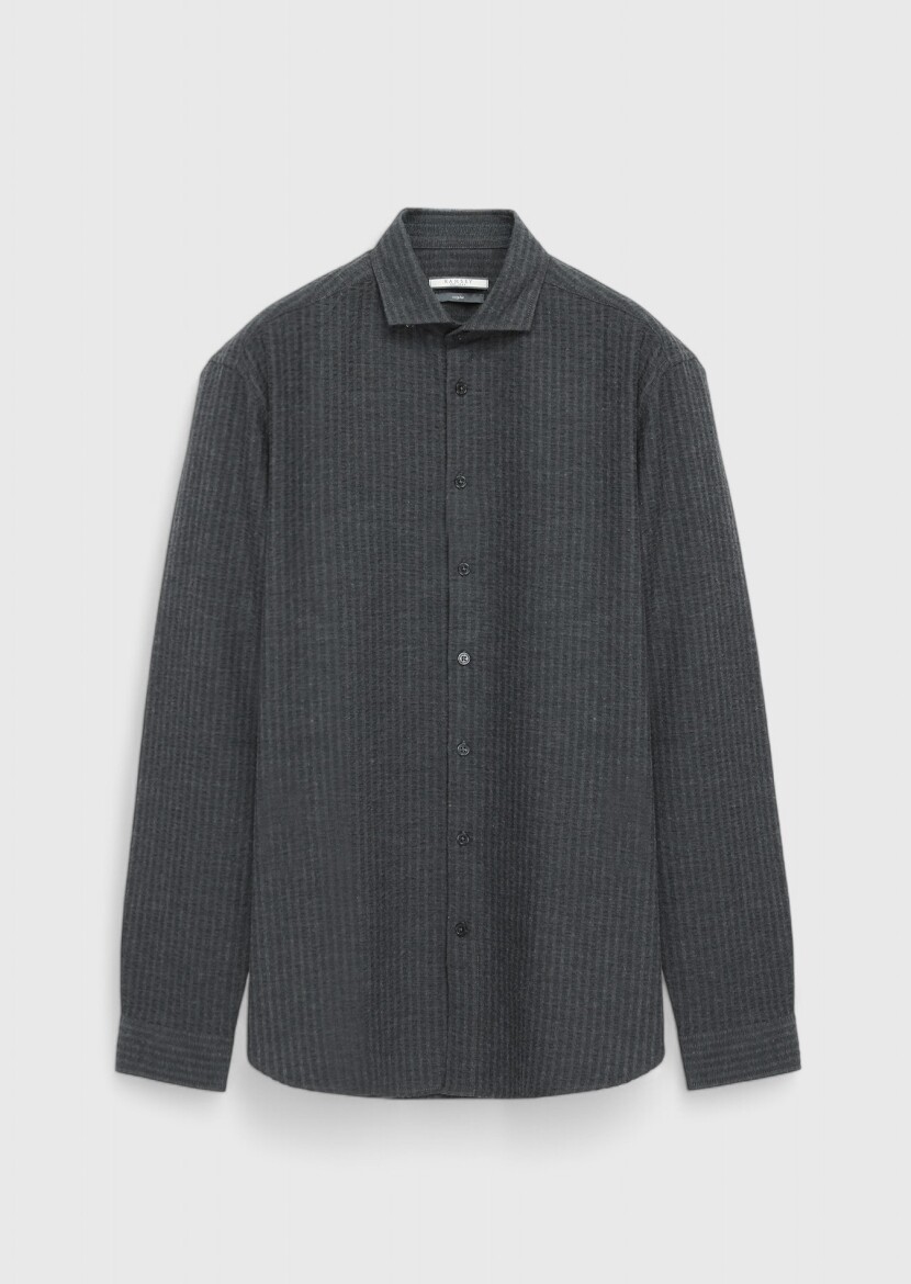 Antrasit Çizgili Casual Fit Dokuma Casual %100 Pamuk Gömlek - 5