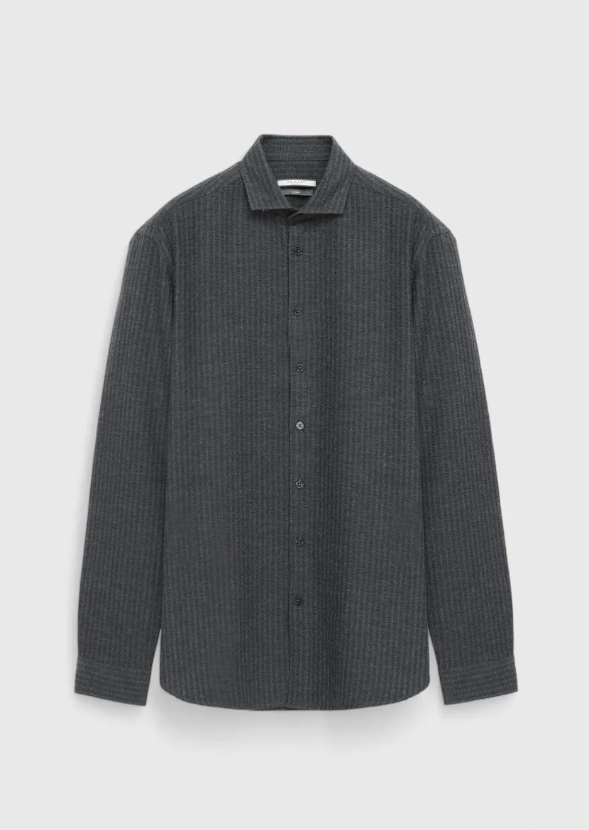 Antrasit Çizgili Casual Fit Dokuma Casual %100 Pamuk Gömlek 