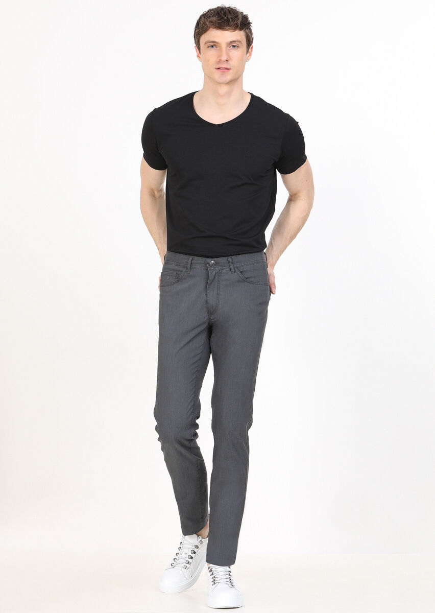 Antrasit Çizgili Dokuma Slim Fit Casual Pantolon - 1