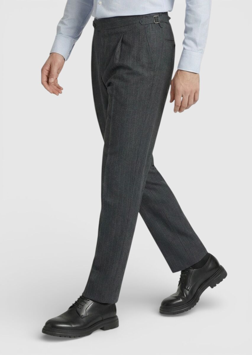 Antrasit Çizgili Dokuma Slim Fit Casual Yün Karışımlı Pantolon - 3