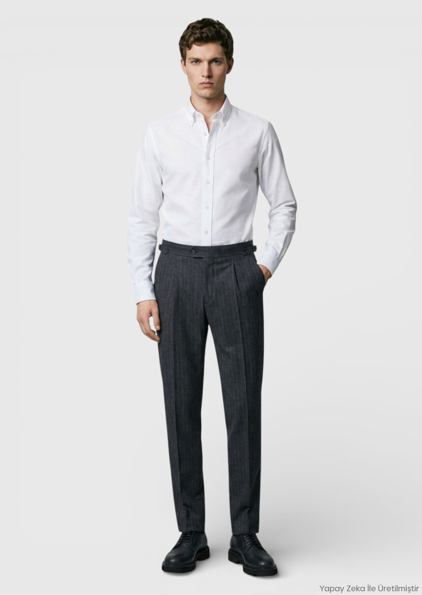 Antrasit Çizgili Dokuma Slim Fit Casual Yün Karışımlı Pantolon - RAMSEY