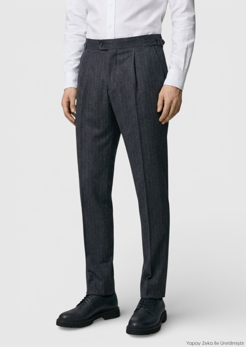 Antrasit Çizgili Dokuma Slim Fit Casual Yün Karışımlı Pantolon - RAMSEY