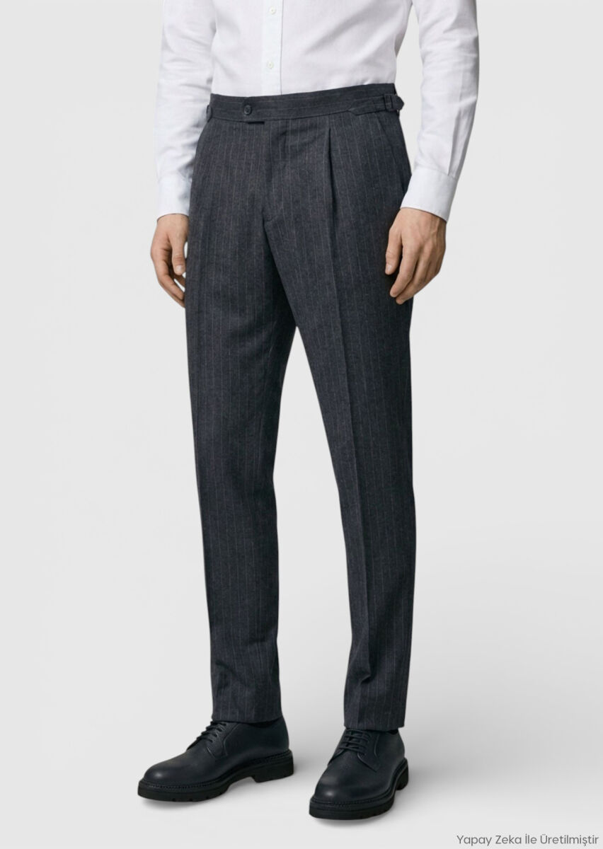 RAMSEY Antrasit Çizgili Dokuma Slim Fit Casual Yün Karışımlı Pantolon görsel 2