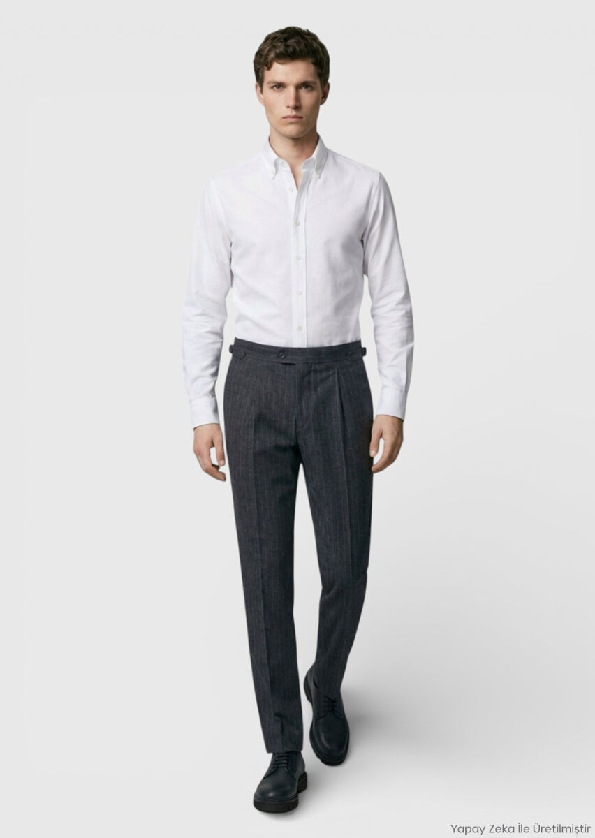 RAMSEY Antrasit Çizgili Dokuma Slim Fit Casual Yün Karışımlı Pantolon görsel 3