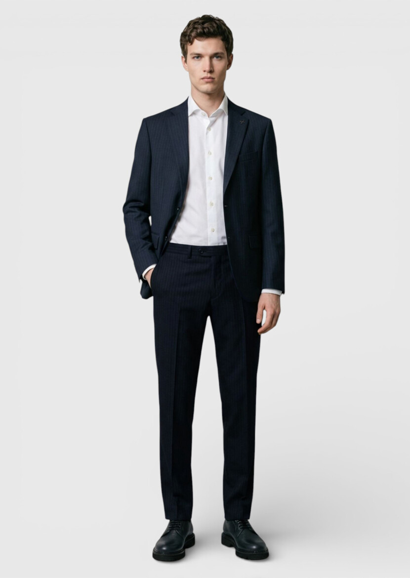 Antrasit Çizgili Modern Fit %100 Yün Takım Elbise - RAMSEY