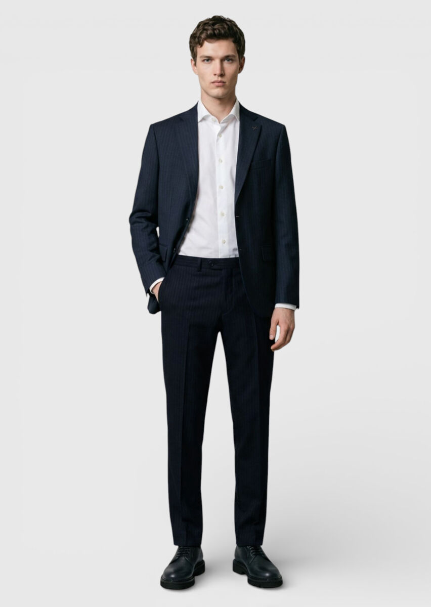 Antrasit Çizgili Modern Fit %100 Yün Takım Elbise - 1