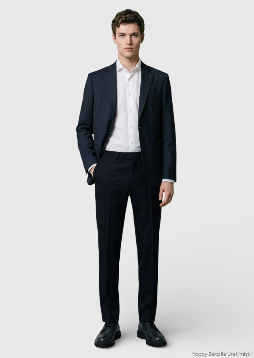 RAMSEY Antrasit Çizgili Modern Fit %100 Yün Takım Elbise