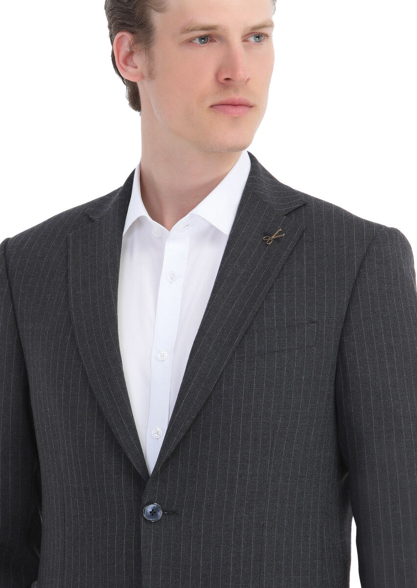 Antrasit Çizgili Modern Fit Yün Karışımlı Takım Elbise - 6