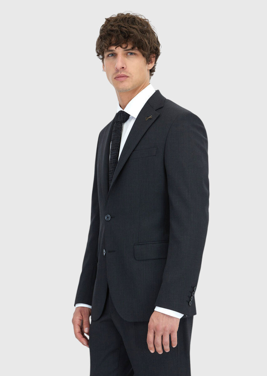 Antrasit Çizgili Modern Fit Yün Karışımlı Takım Elbise - 1