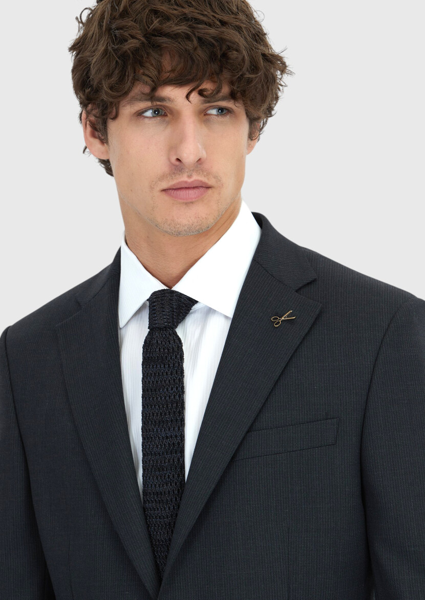 Antrasit Çizgili Modern Fit Yün Karışımlı Takım Elbise - 4