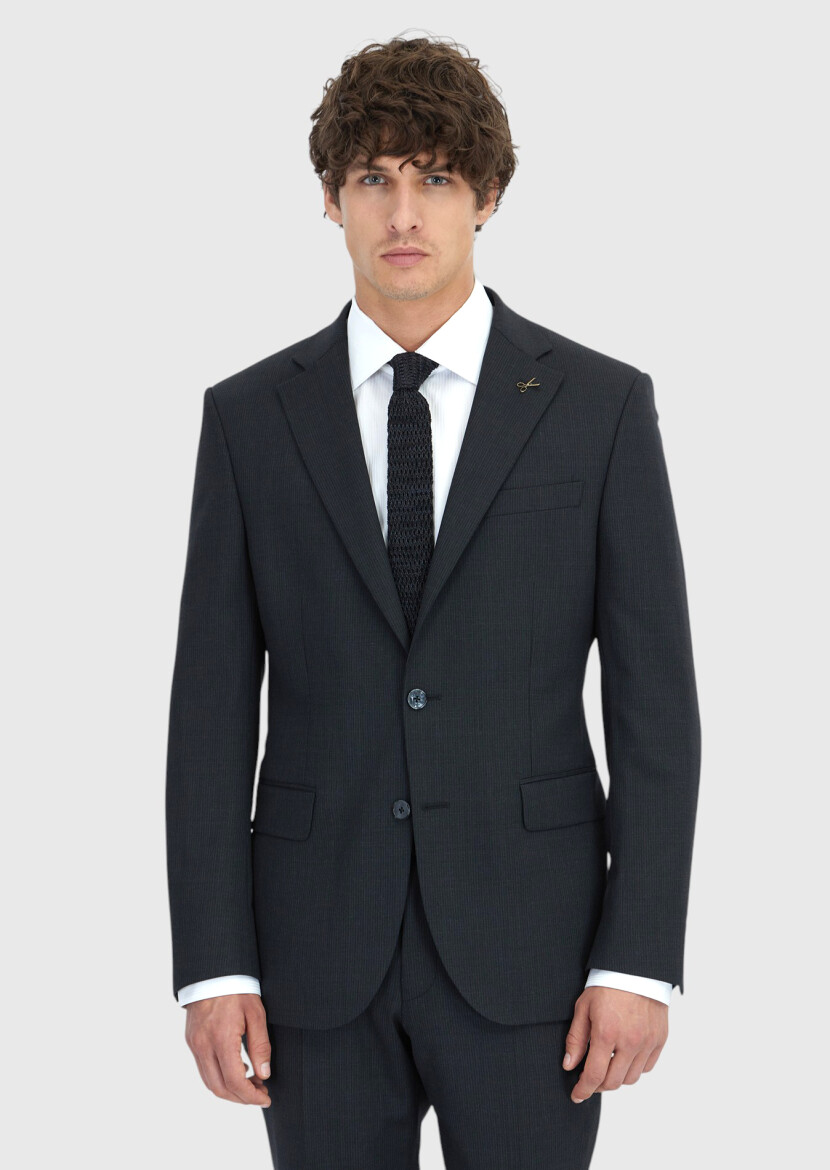 Antrasit Çizgili Modern Fit Yün Karışımlı Takım Elbise - 3