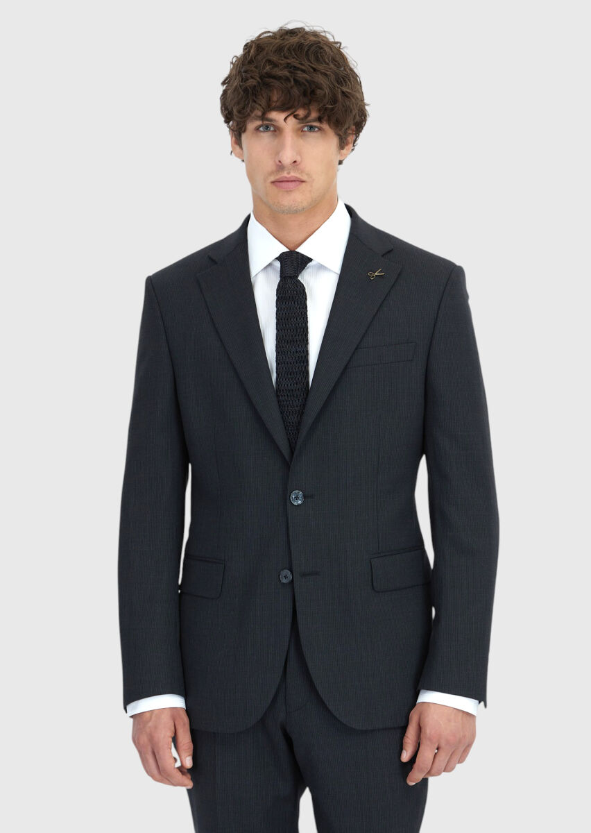 Antrasit Çizgili Modern Fit Yün Karışımlı Takım Elbise - 3