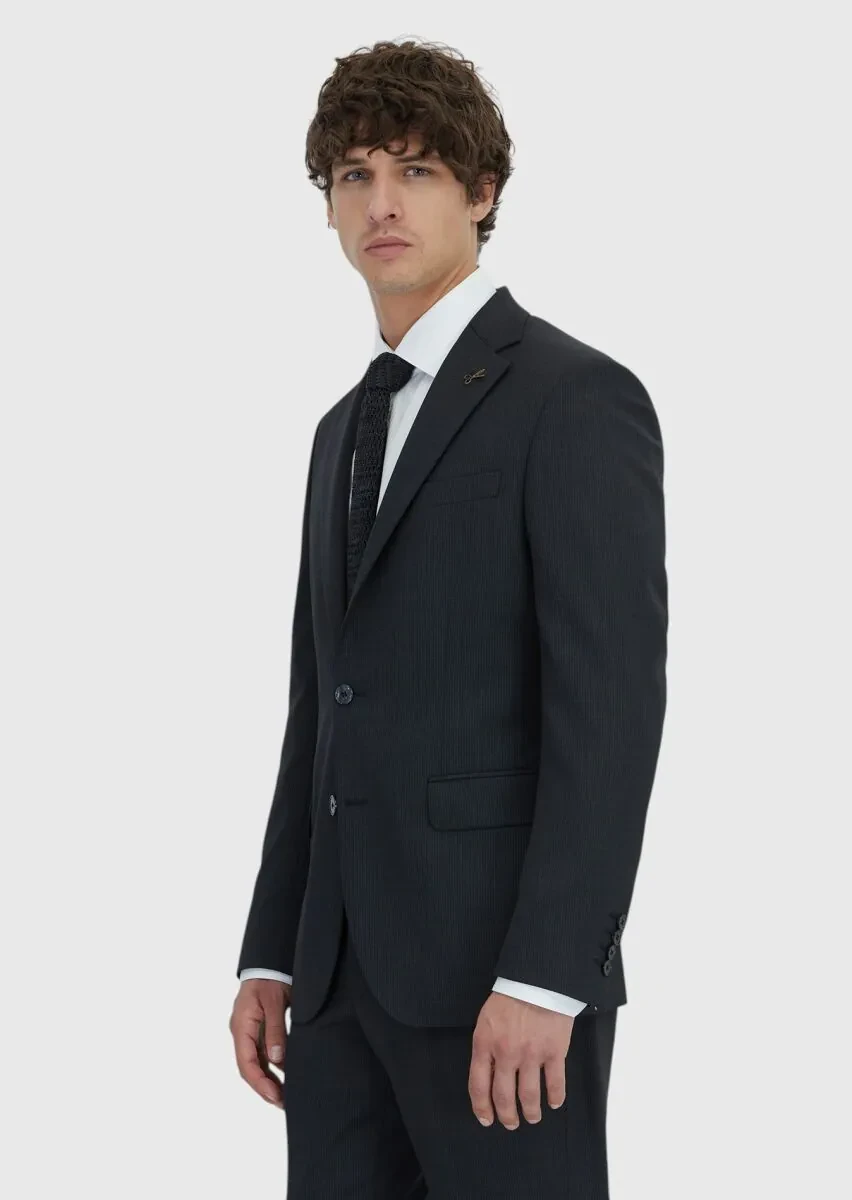 Antrasit Çizgili Modern Fit Yün Karışımlı Takım Elbise - 1