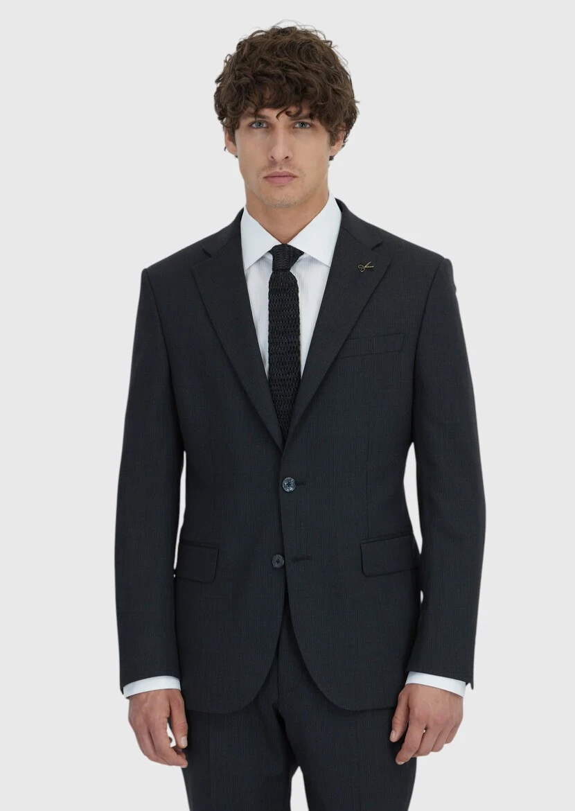 Antrasit Çizgili Modern Fit Yün Karışımlı Takım Elbise - 3