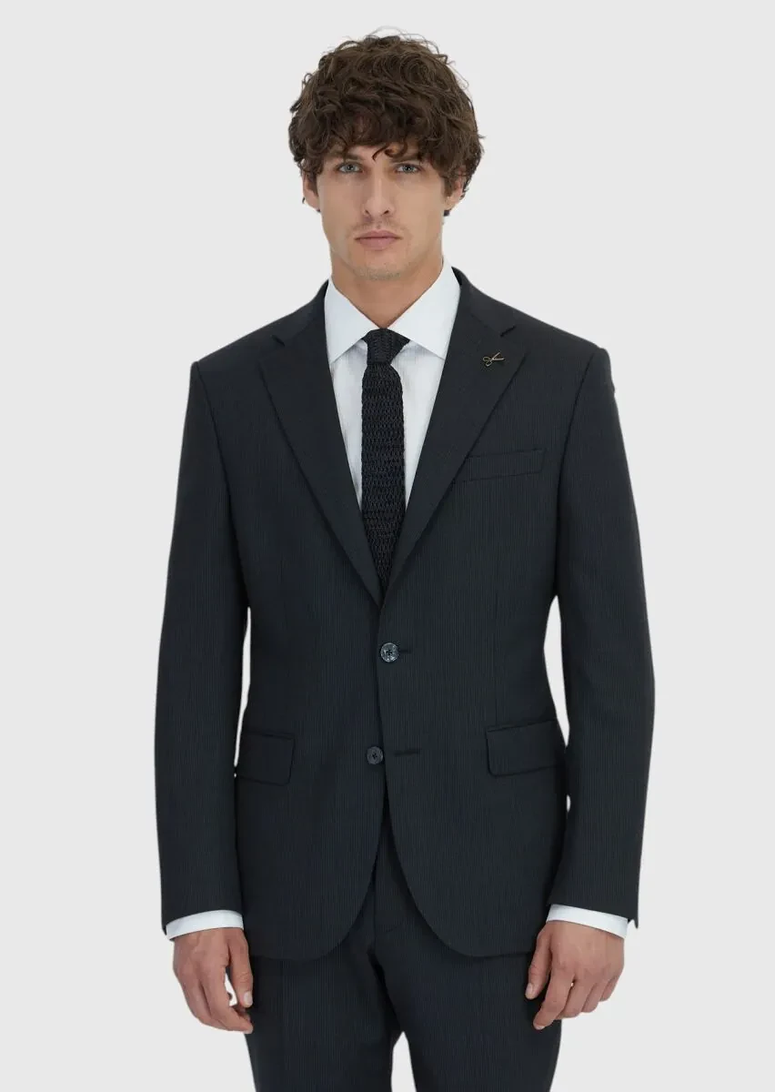 Antrasit Çizgili Modern Fit Yün Karışımlı Takım Elbise - 3
