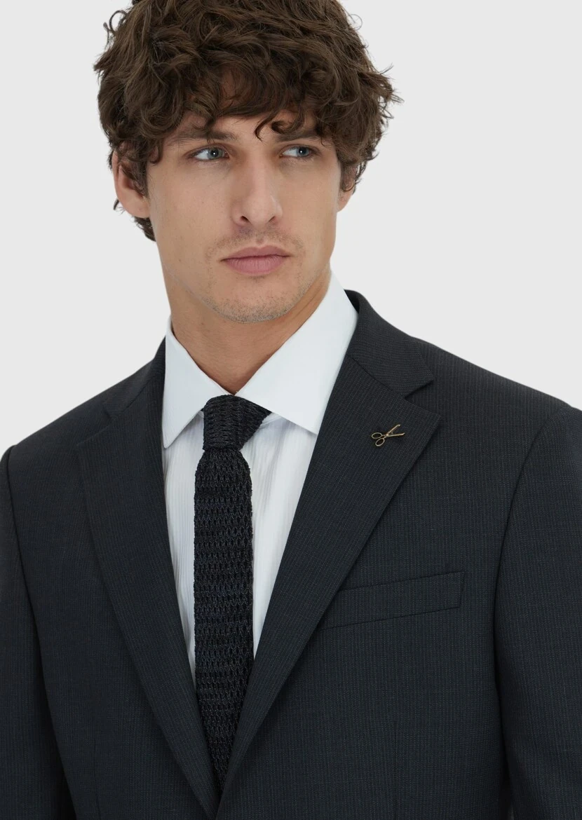 Antrasit Çizgili Modern Fit Yün Karışımlı Takım Elbise - 4