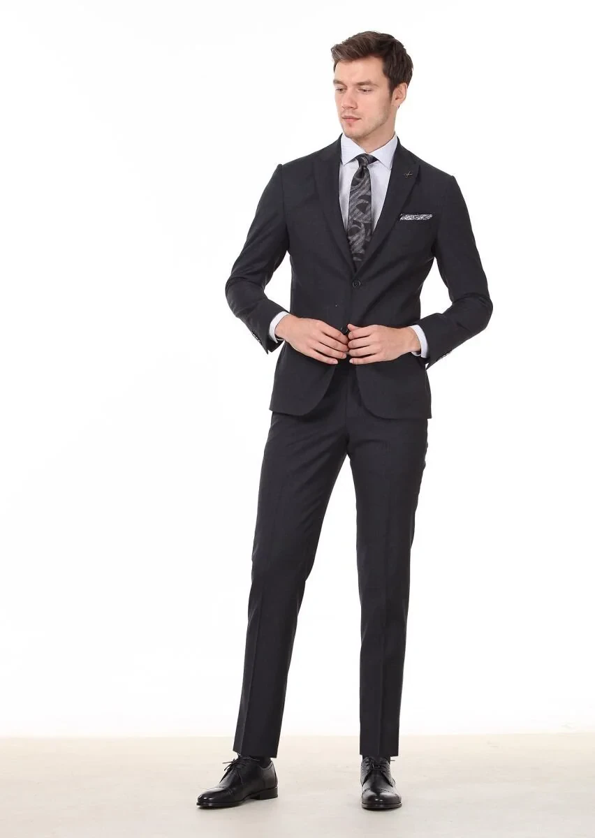 Antrasit Çizgili Regular Fit %100 Yün Takım Elbise - 3