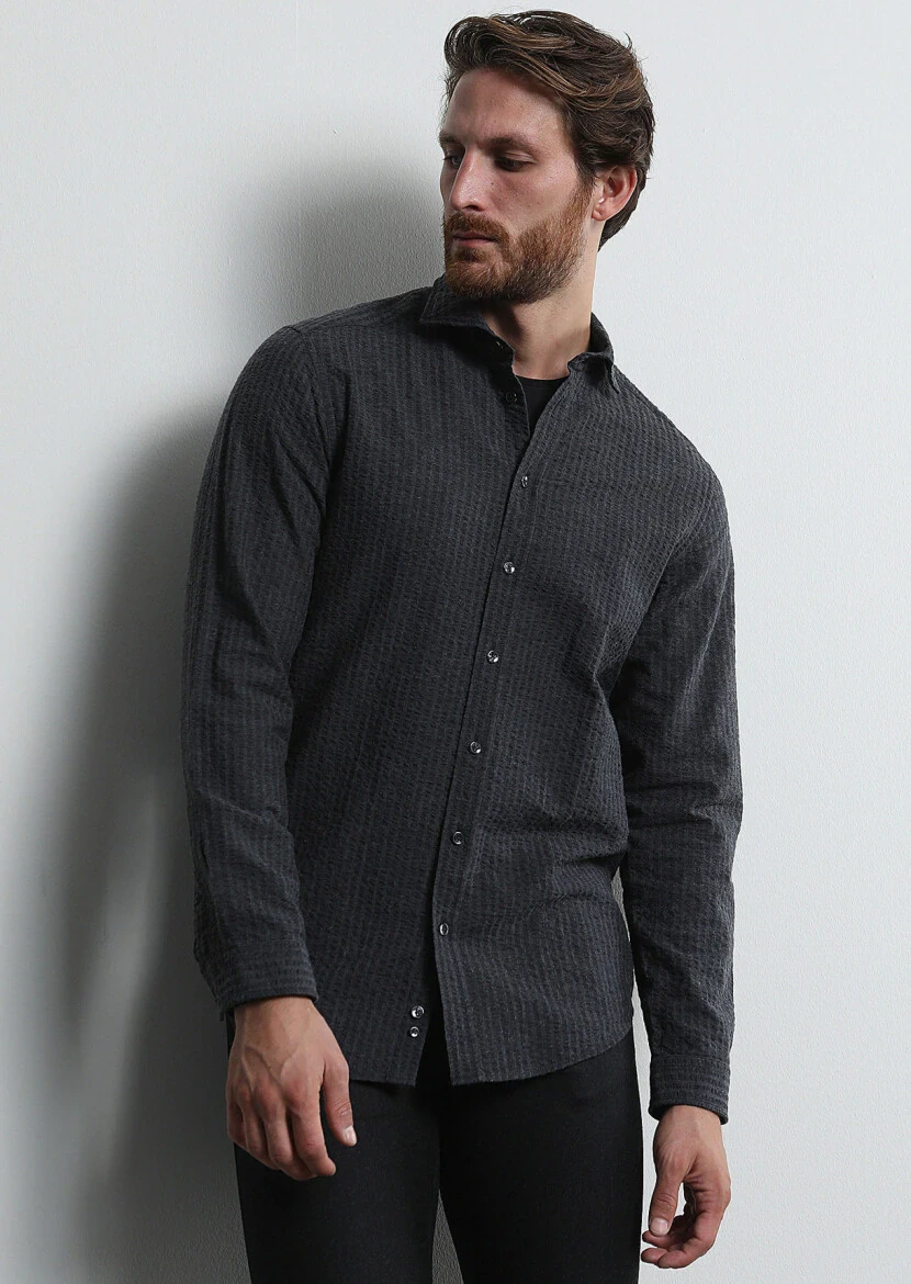 Antrasit Çizgili Regular Fit Dokuma Casual %100 Pamuk Gömlek - 4