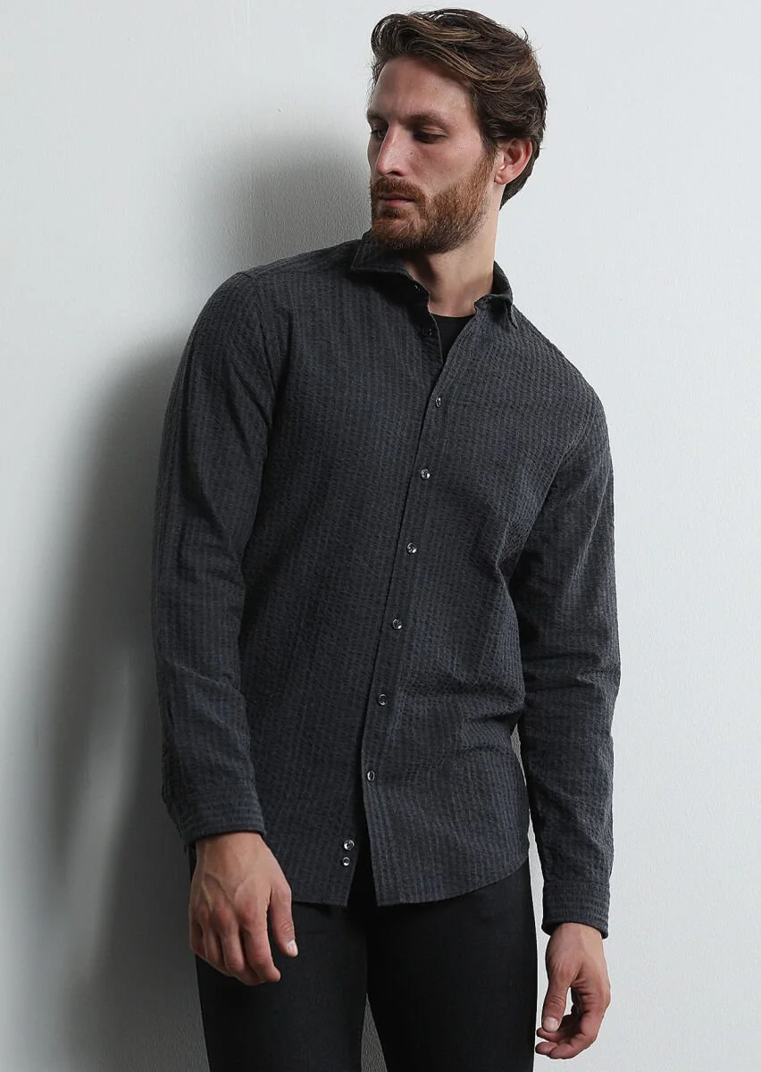 Antrasit Çizgili Regular Fit Dokuma Casual %100 Pamuk Gömlek - 4
