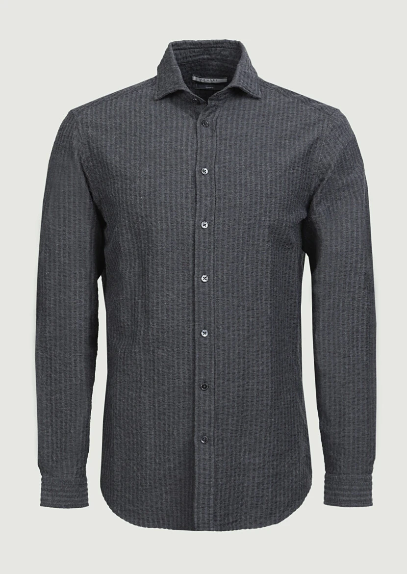 Antrasit Çizgili Regular Fit Dokuma Casual %100 Pamuk Gömlek - 6