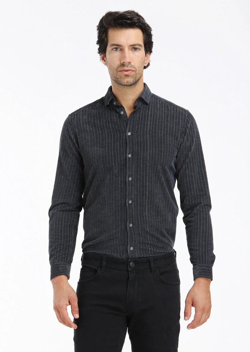 Antrasit Çizgili Regular Fit Dokuma Kadife Casual %100 Pamuk Gömlek - 3