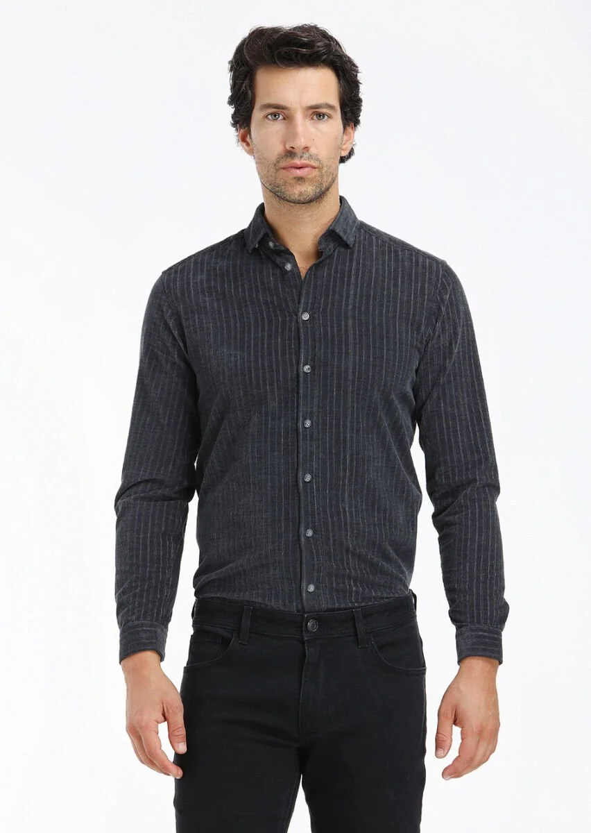 Antrasit Çizgili Regular Fit Dokuma Kadife Casual %100 Pamuk Gömlek - 3