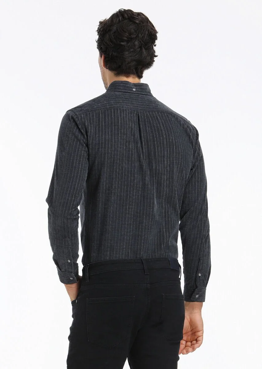 Antrasit Çizgili Regular Fit Dokuma Kadife Casual %100 Pamuk Gömlek - 4