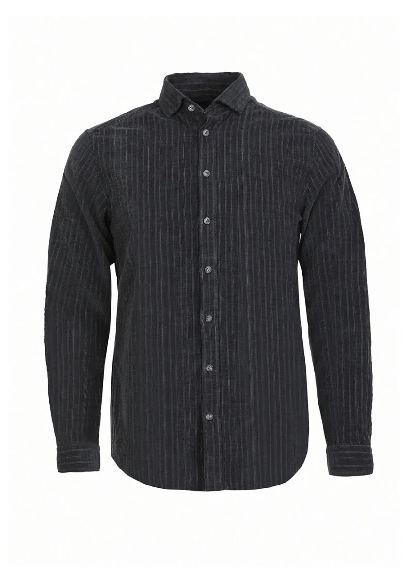 Antrasit Çizgili Regular Fit Dokuma Kadife Casual %100 Pamuk Gömlek - 5