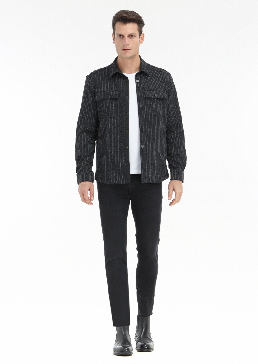 Antrasit Çizgili Regular Fit Overshırt - 1