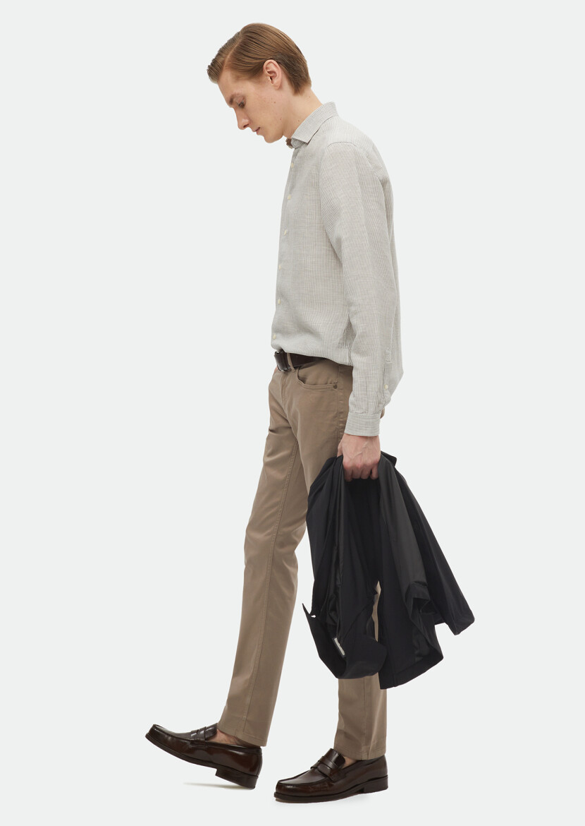 Antrasit Çizgili Regular Fit Uzun Dokuma Casual Keten Karışımlı Gömlek - 1