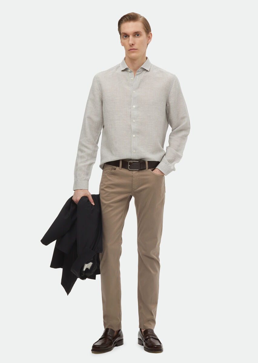 Antrasit Çizgili Regular Fit Uzun Dokuma Casual Keten Karışımlı Gömlek - 3