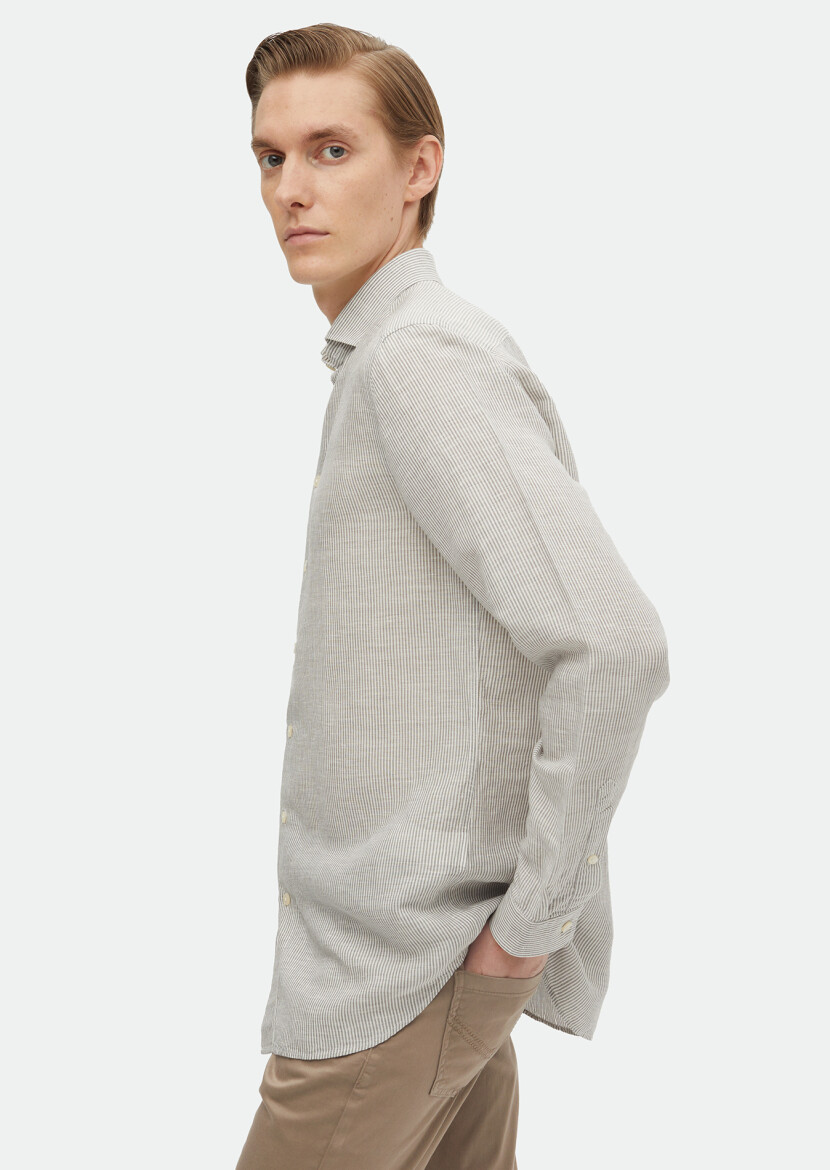 Antrasit Çizgili Regular Fit Uzun Dokuma Casual Keten Karışımlı Gömlek - 4