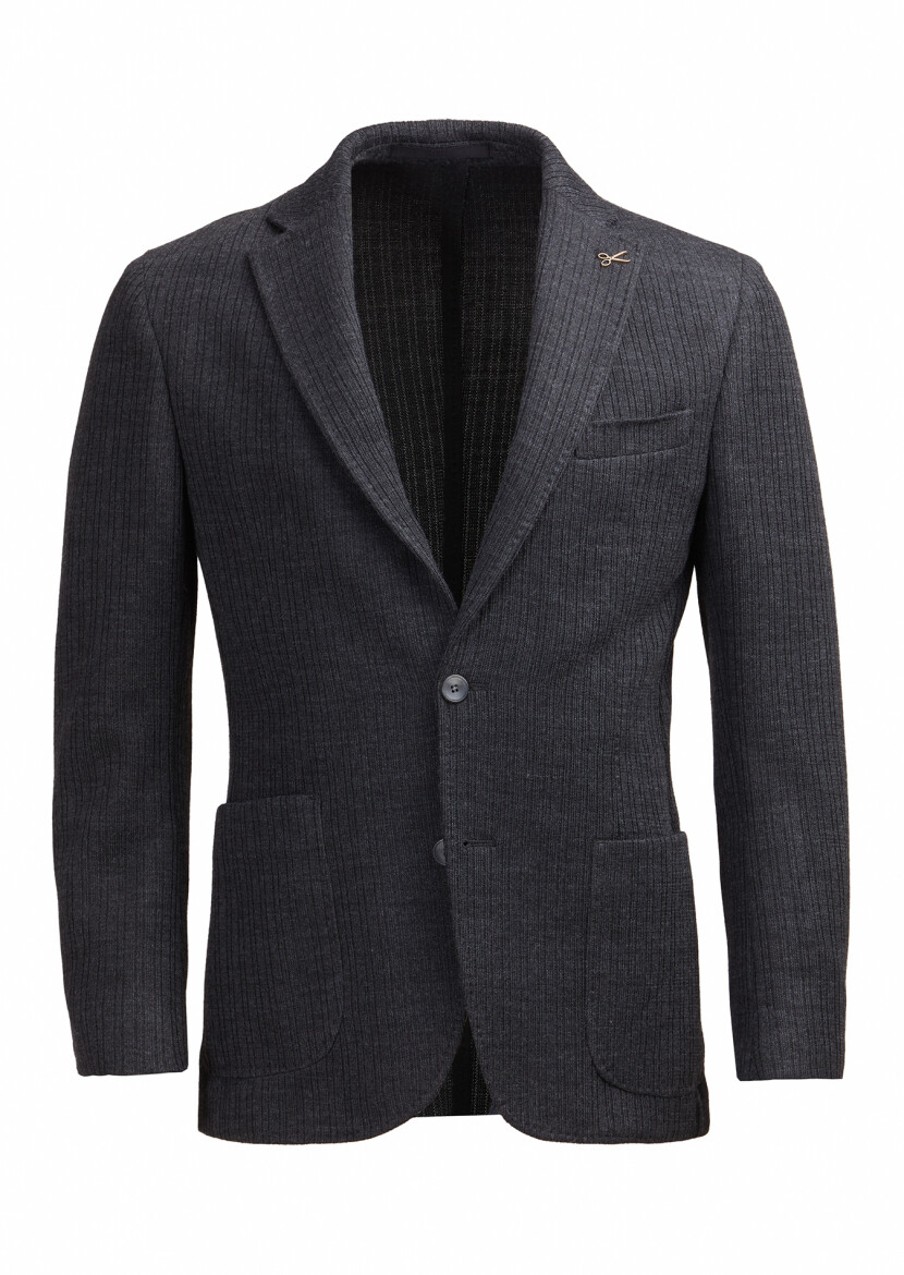 Antrasit Çizgili Shirt Shoulder Slim Fit Yün Karışımlı Örme Ceket - RAMSEY