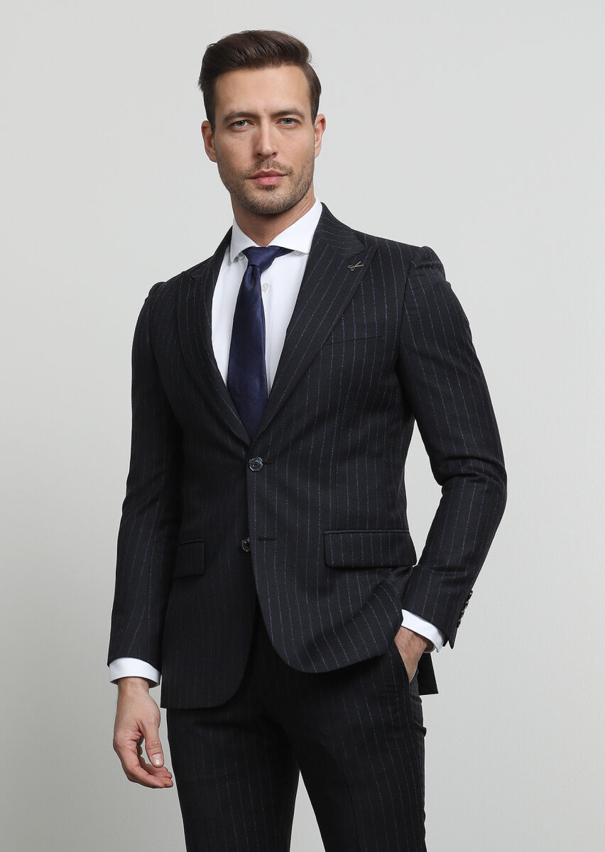 Antrasit Çizgili Thin&taller Slim Fit %100 Yün Takım Elbise - 1