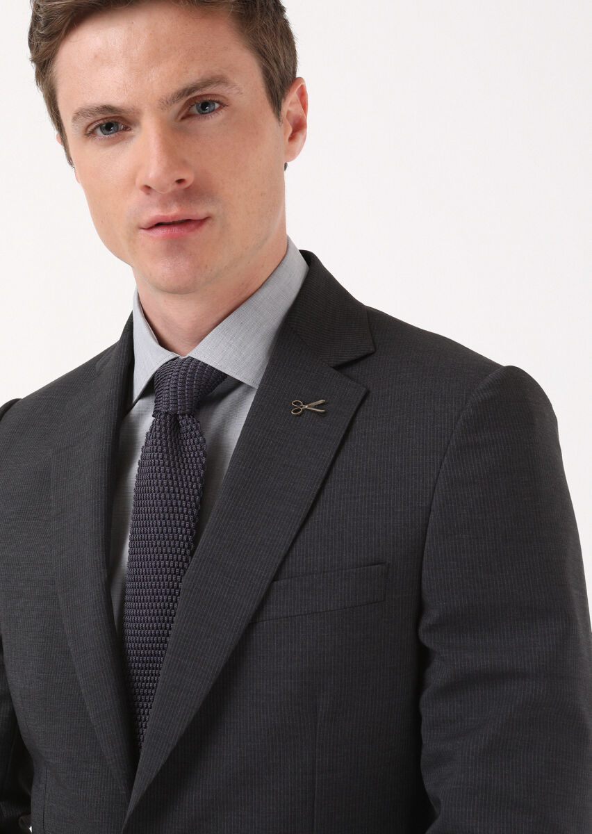 Antrasit Çizgili Thin&taller Slim Fit %100 Yün Takım Elbise - 2
