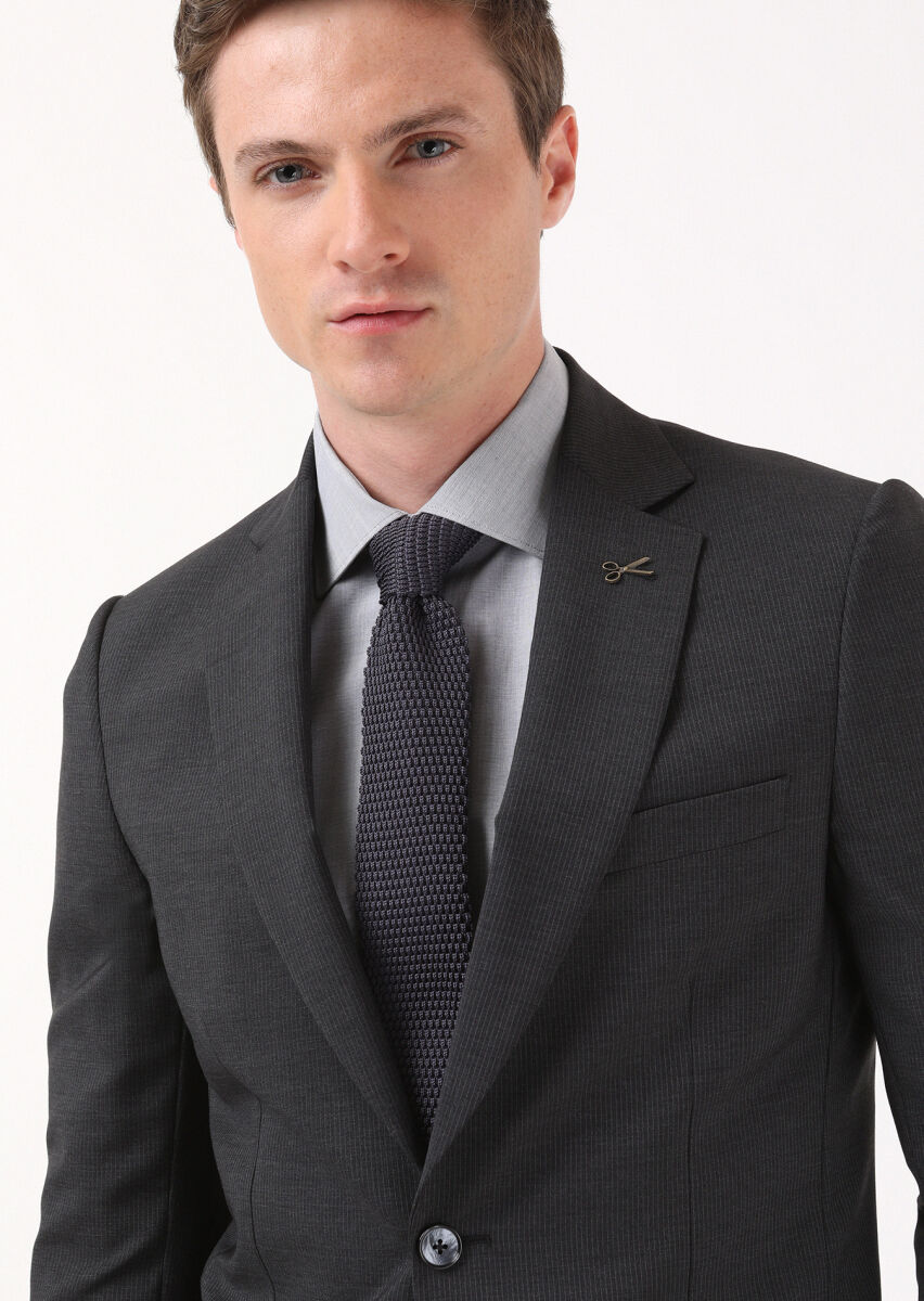 Antrasit Çizgili Thin&taller Slim Fit %100 Yün Takım Elbise - 4
