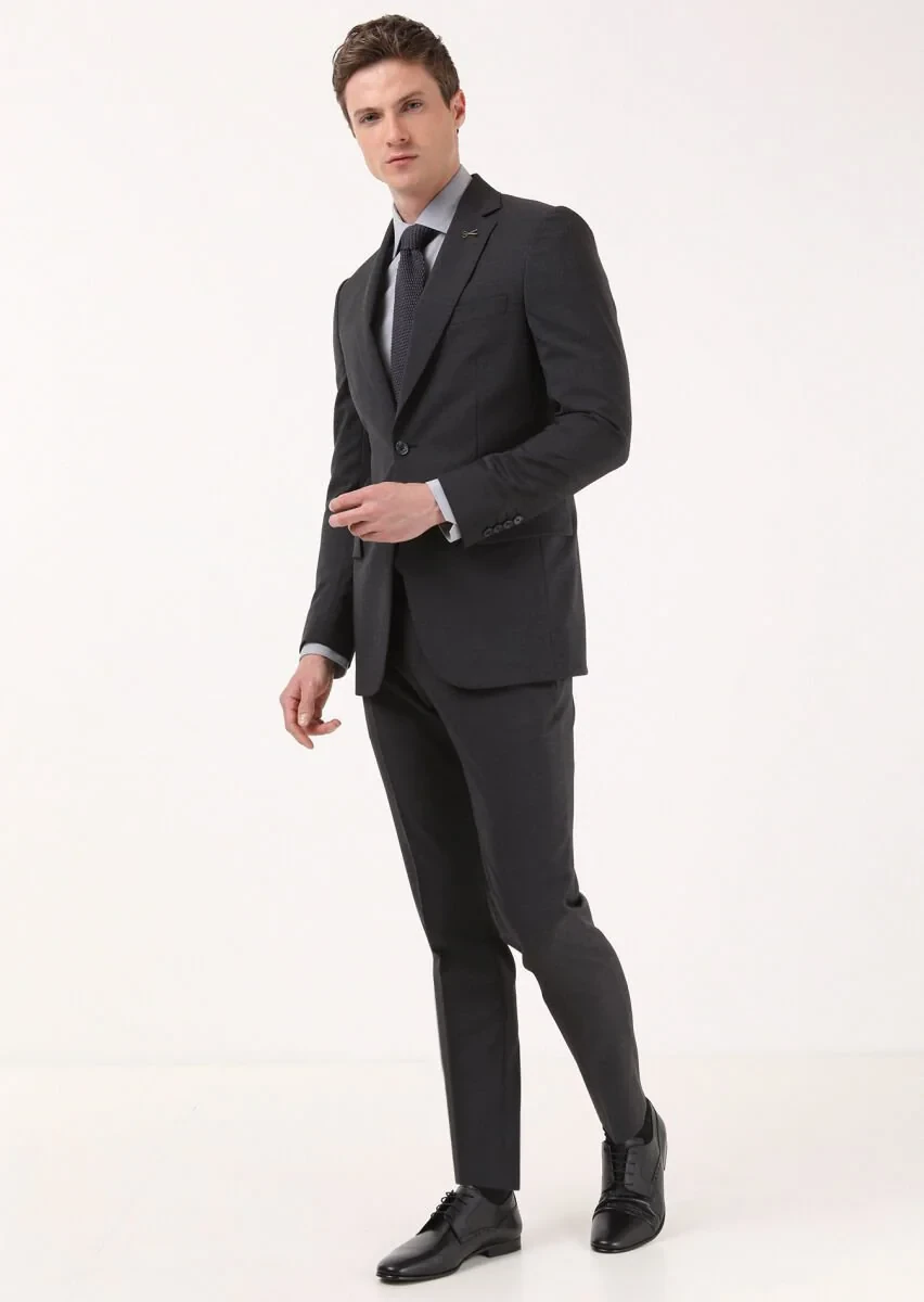 Antrasit Çizgili Thin&taller Slim Fit %100 Yün Takım Elbise - 3