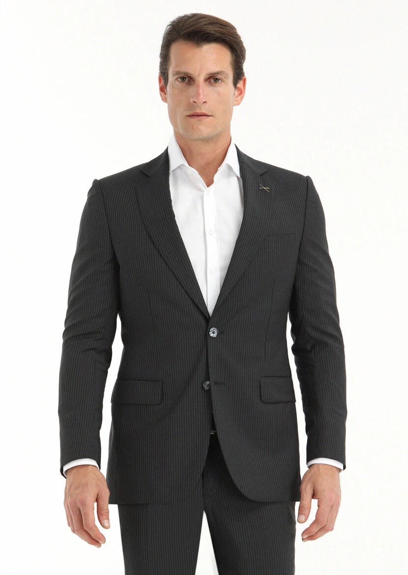 Antrasit Çizgili Thin&taller Slim Fit %100 Yün Takım Elbise - 2