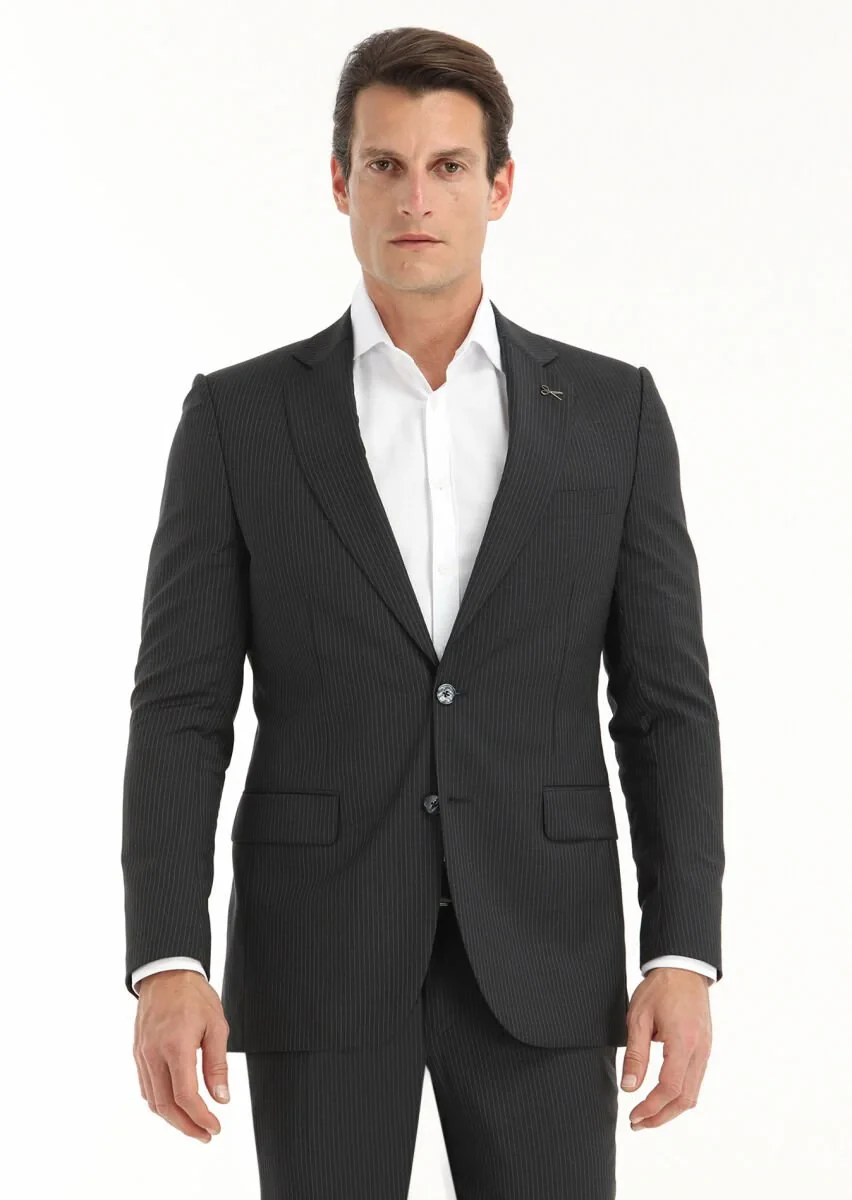 Antrasit Çizgili Thin&taller Slim Fit %100 Yün Takım Elbise - 2